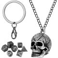 Mini DND Dice Set with Skull Head Metal Cage Portable Keychain Necklace, Tiny 7pcs Polyhedral Dice Set in Skeleton Necklace