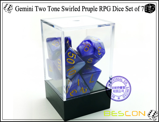 Juego de dados de RPG de dos tonos con gemelos de Pruple de 7-2 Gemini Two Tone Swirled Pruple RPG Dice Set of 7-2