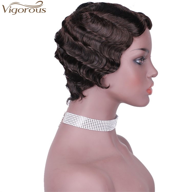 Vigorous 100% Raw Real Human Hair Finger Wave Wig Pixie Cut Black Short Curly Wigs for African American Women