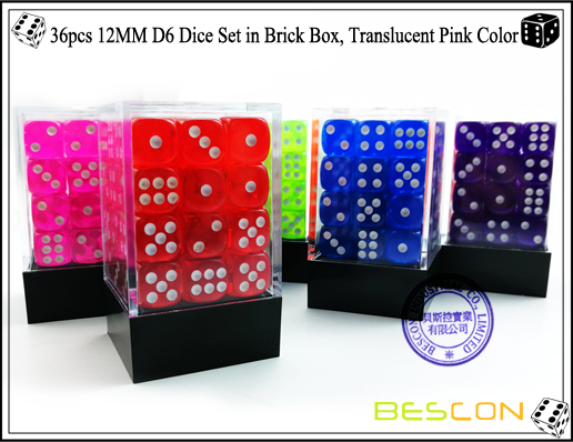 Juego de dados 36pcs 12MM D6 en caja de ladrillo, color rosa translúcido-5 36pcs 12MM D6 Dice Set in Brick Box, Translucent Pink Color-5
