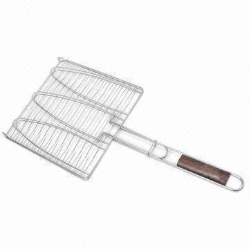 BBQ Grill Fish Tool Set with Durable Metal Hamburger Basket, Rounded Premium Wood Handle