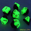 Ensemble de 7 dés polyédriques lumineux bicolores Bescon Green Dawn, ensemble de dés RPG lumineux d4 d6 d8 d10 d12 d20 d%, emballage de boîte en brique
