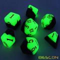 Bescon Juego de dados poliédricos brillantes de dos tonos, juego de 7 piezas Green Dawn, juego de dados RPG luminosos d4 d6 d8 d10 d12 d20 d%, embalaje de caja de ladrillos