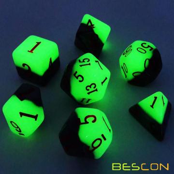 Ensemble de 7 dés polyédriques lumineux bicolores Bescon Green Dawn, ensemble de dés RPG lumineux d4 d6 d8 d10 d12 d20 d%, emballage de boîte en brique