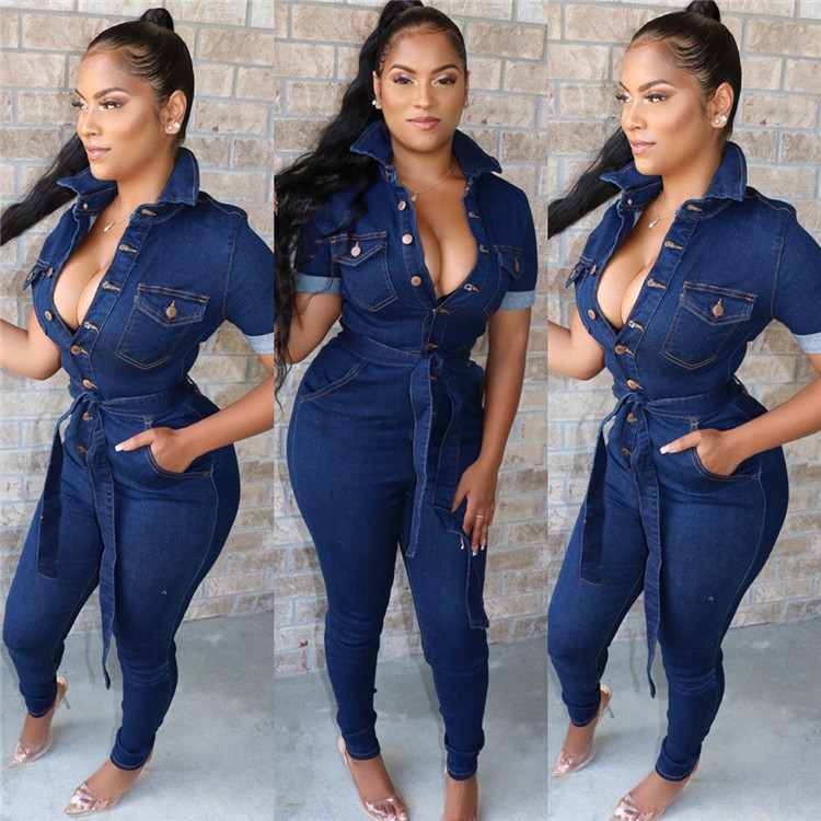 C3694 women autumn clothing stretch rompers lady's full length denim jumpsuit washed jeans for woman 2019 whole sale