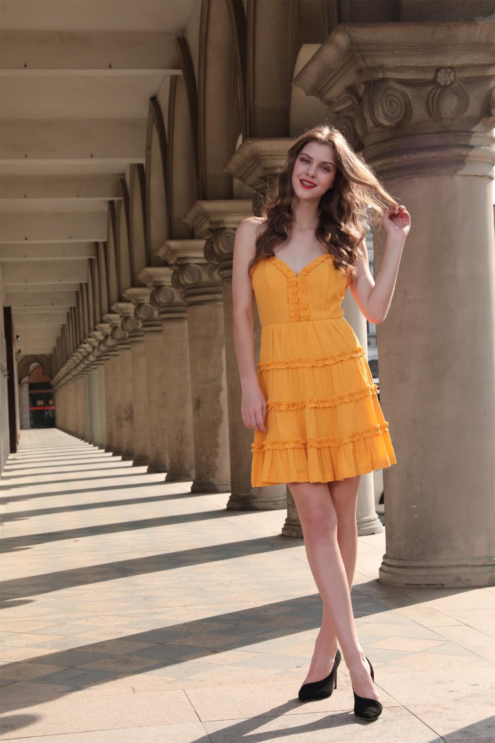 Women's Mustard Sleeveless Fit And Flare Dress