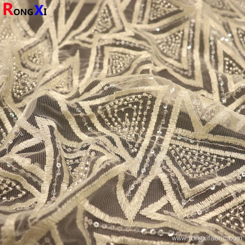 New Design Beaded White Embroidery Polyester Fabric