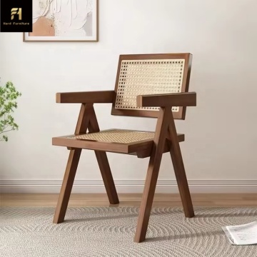 Best Selling Solid Wood Dining Chairs with Rattan Weaving Retro Backrest