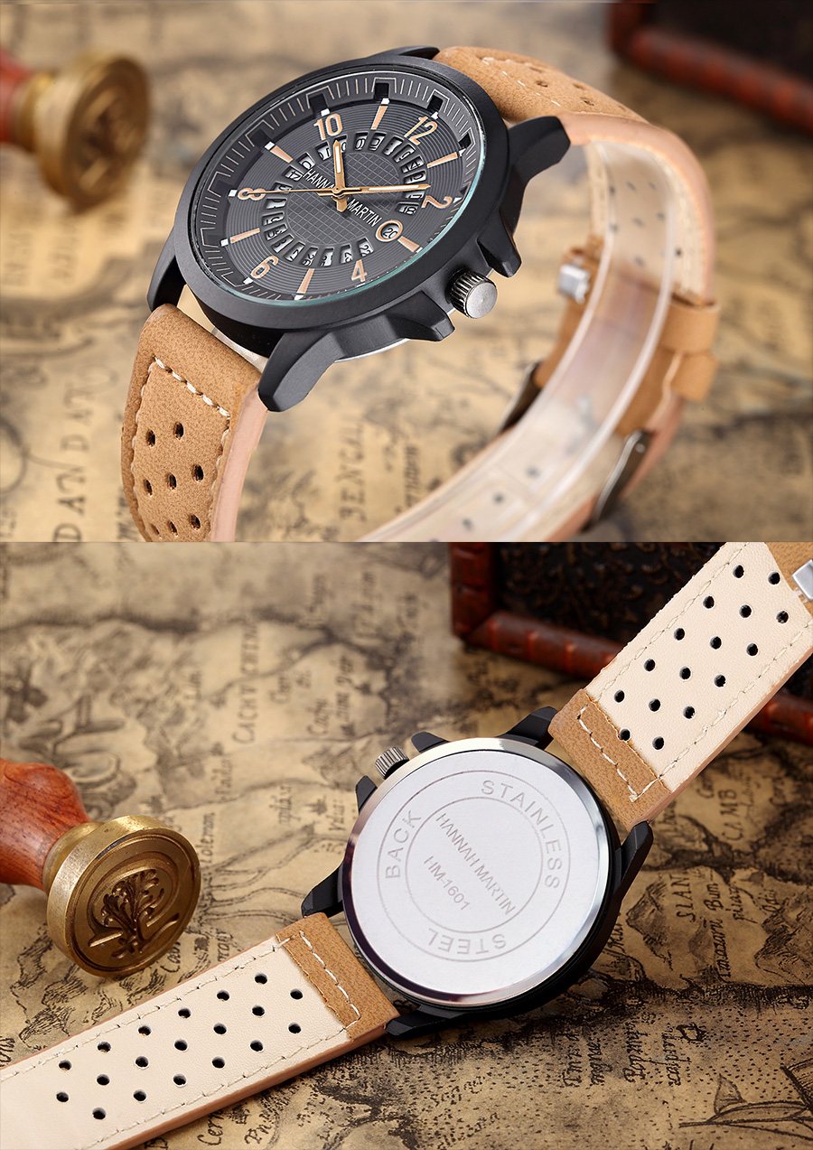 HANNAH MARTIN 1601 Sport man quartz wrist watch chronograph water resistant analog fashion leather men watches