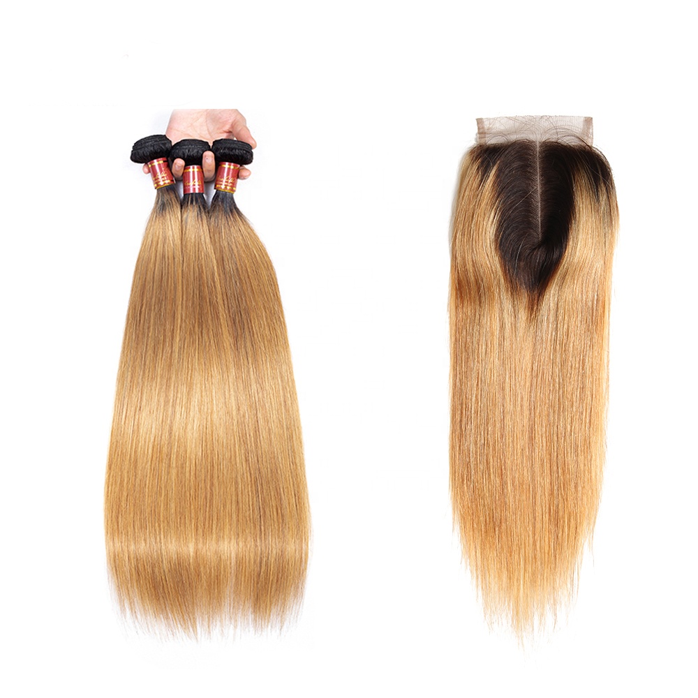 Unprocessed Human Straight Brazilian Ombre color T1b/27 Color Virgin Hair With Closure