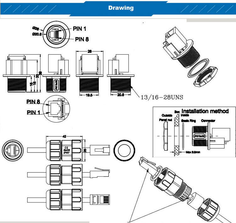 Cat5e Ip67 Front Panel Mounted Male Female Waterproof Rj45 Inline Coupler Connector With Ethernet