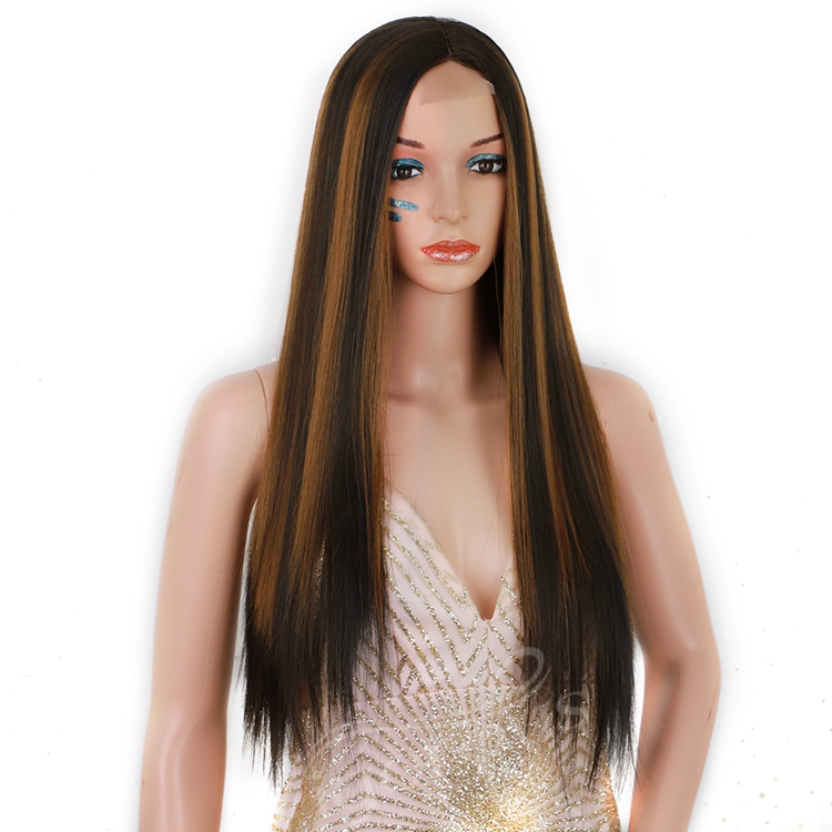 Long Straight Hair Extension Wigs 26 Inches Highlight Heat Resistant Full Cheap Women Synthetic Hair Wig With Lace Front
