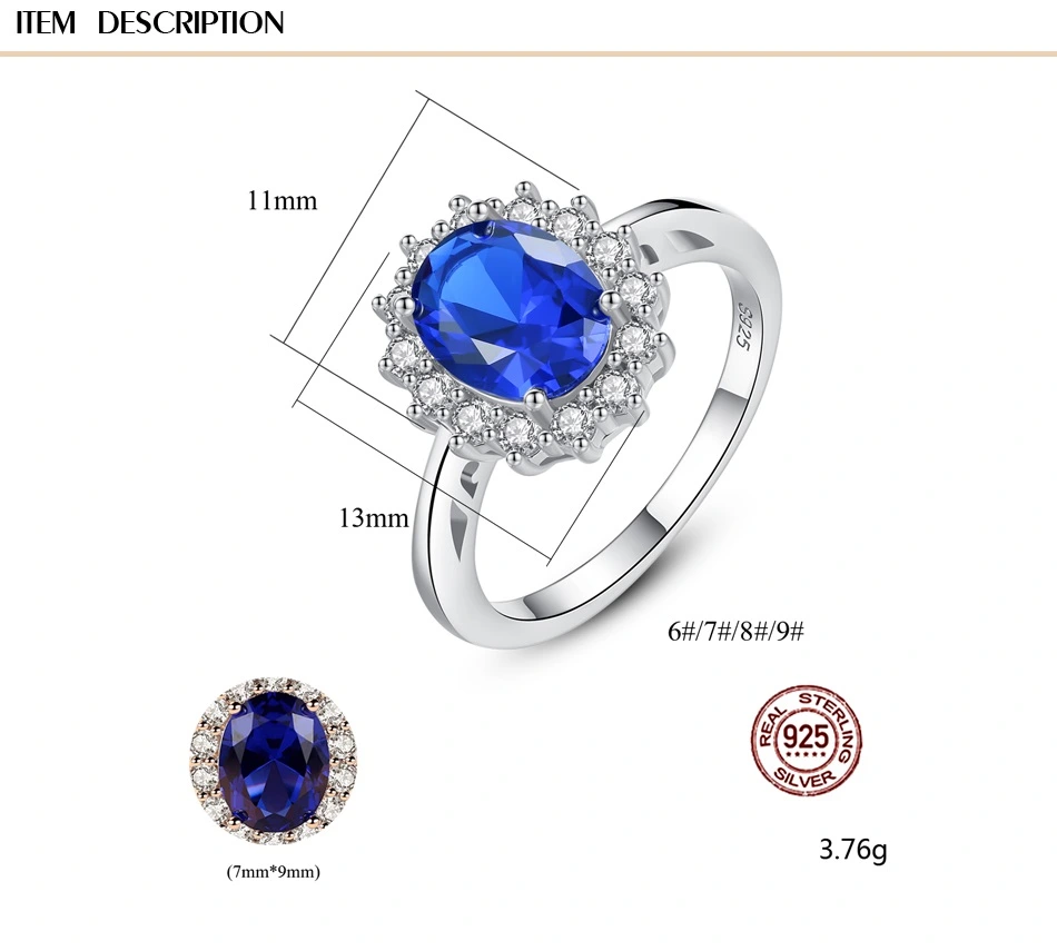 Luxurious Natural Blue Topaz Princess Diana Solid 925 Sterling Silver Women Engagement Rings