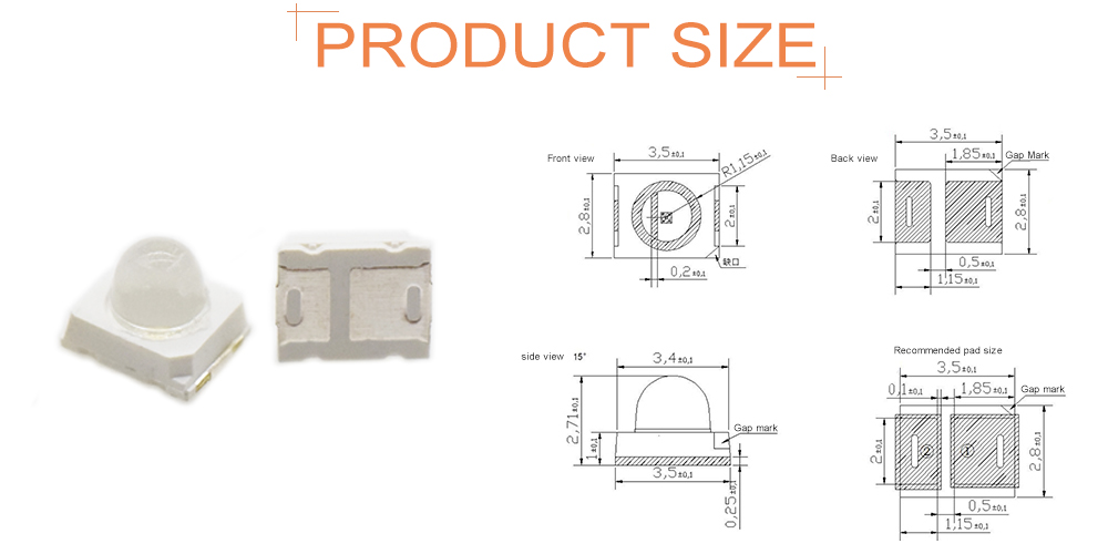 Size of 2835FOC61D3L14A15 2835 Dome Lens SMD LED Orange LED 15-degree