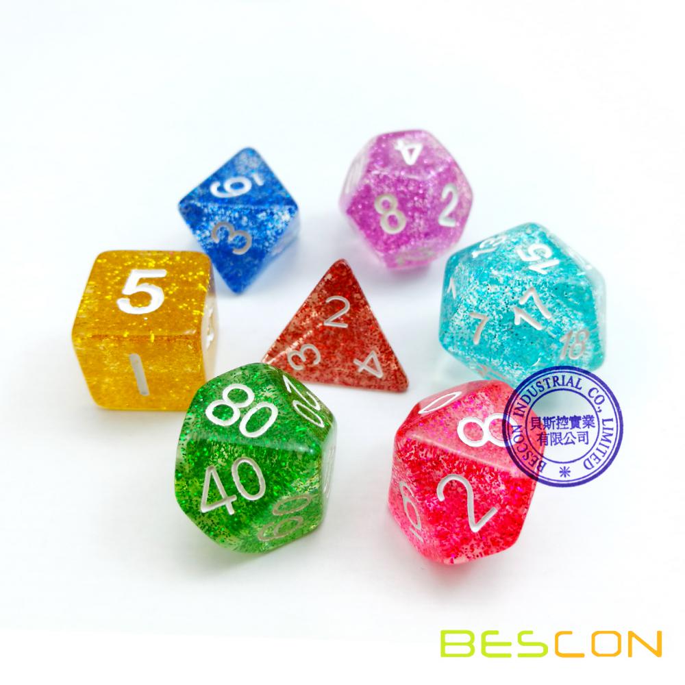 Sortierter farbiger bunter Glitter-Polyhedral-Würfel 7pcs stellte, Glitter-RPG-Würfel-Satz d4 d6 d8 d10 d12 d20 d%, klares Rohr-Verpacken ein