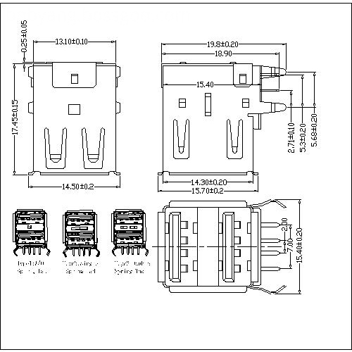 UAFR05 5-USB A Type Receptacle Double Stack Angle DIP 