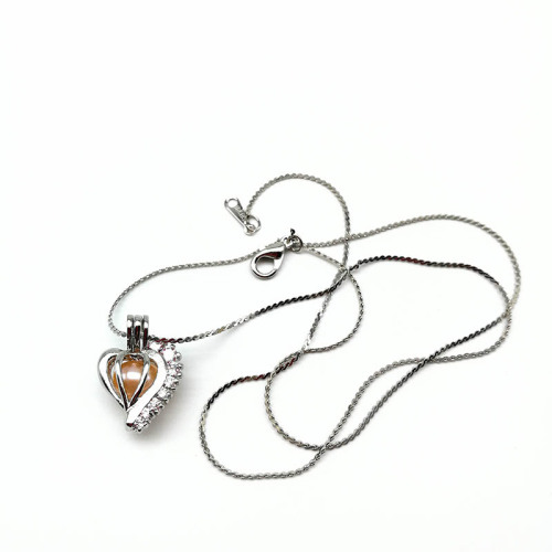 Top Grade Women Pearl Heart Cage Zircon Pendant Necklace