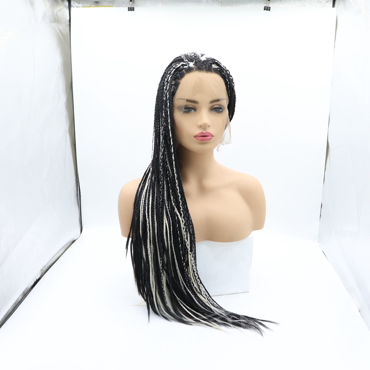Long straight mixed silver cheap wholesale high quality heat resistant synthetic braided wig with lace front