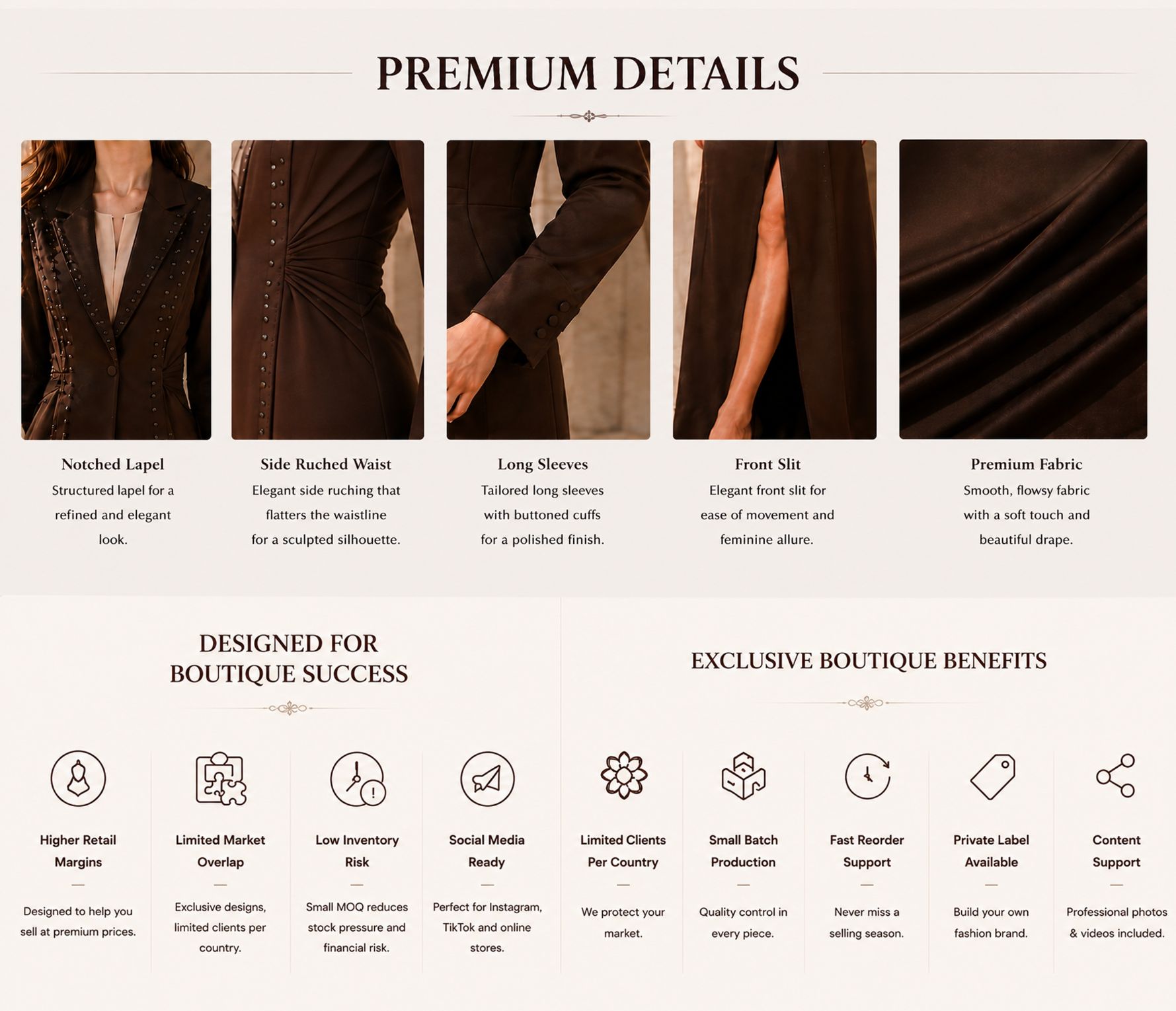 جزئیات طرح لباس کت بلند با تزئینات قهوه ای brown embellished long blazer dress design details
