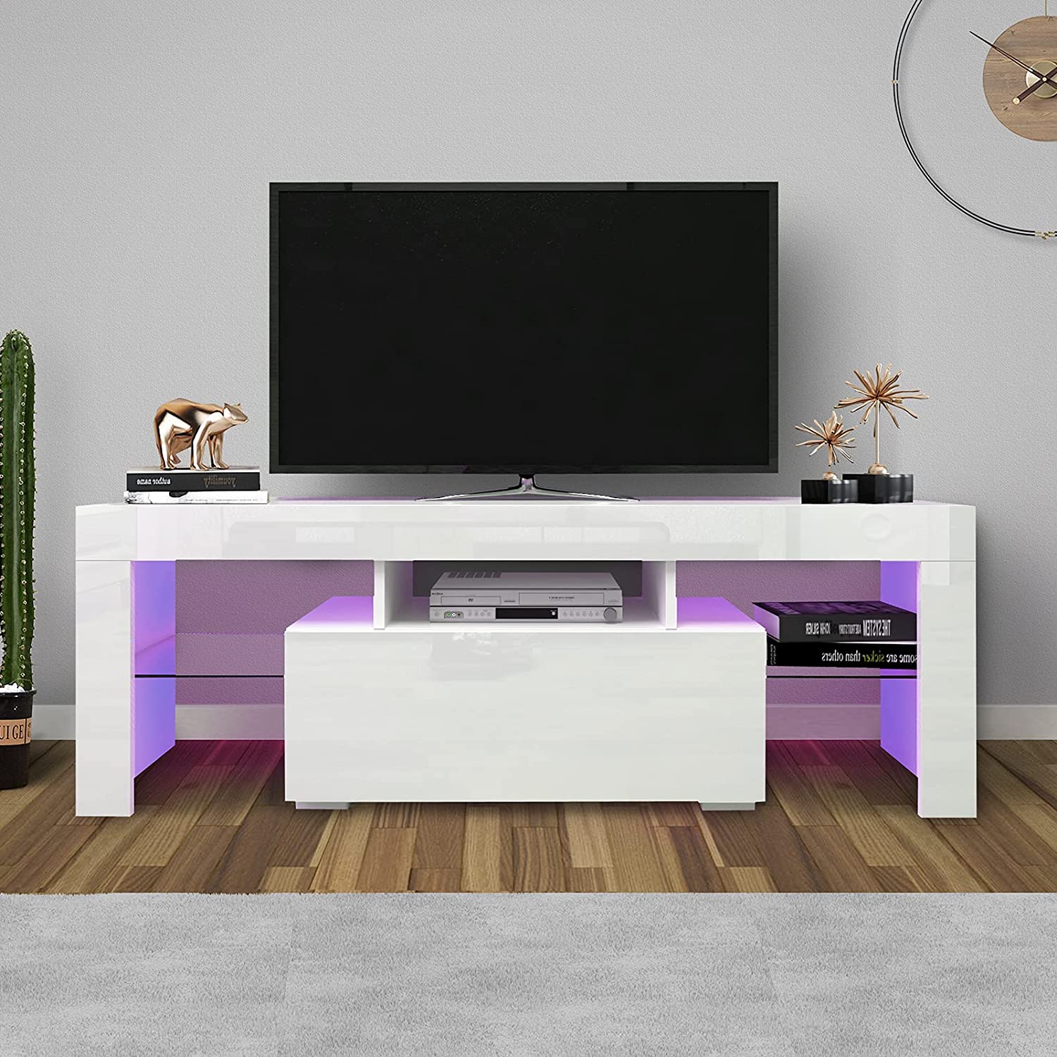 TV Stand with LED Lights, 1 Drawer and Open Shelves High Gloss Entertainment Center Media Console Table Storage Desk