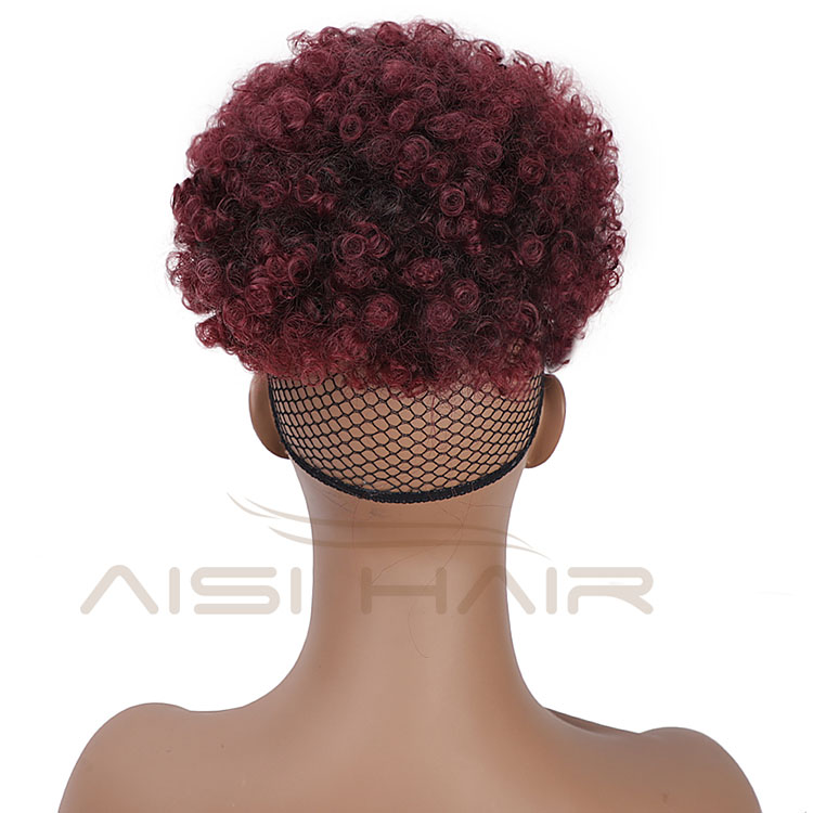 Aisi Hair New Design Kinky Curly Puff Red Color Hair Bun With Bangs Afro Short Curly Synthetic Hair Extension For Black Women