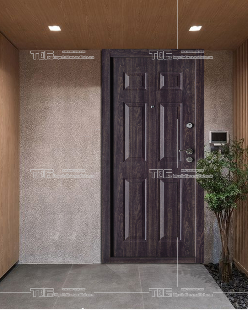 Popular Design Wood color Sound proof Front Iron Safety Door with 2nd lock Separated Handle