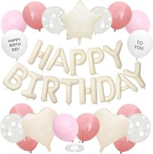 Pink and white birthday happy banner balloons