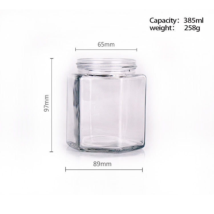 customized hexagon 380ml glass jar for honey glass honey jar with wood cap