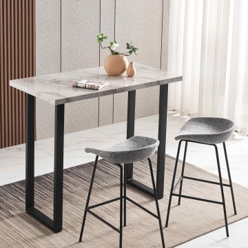 Marble-Texture MDF Bar Table with Black Metal Legs