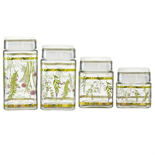 SINOGLASS 4 pcs WITH FRESH HERBS DECAL SQUARE SHAPE airtight glass Storage canister jar set