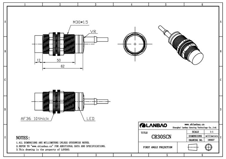 LANBAO 10...30VDC M30 Non-flush Plastic Capacitive Sensor with 2m PVC Cable