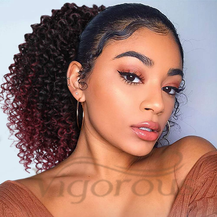 Vigorous Best Selling Ombre Burgundy Dark Root Kinky Curly Heat Resistant Fiber Drawstring Synthetic Ponytail Hair Extension