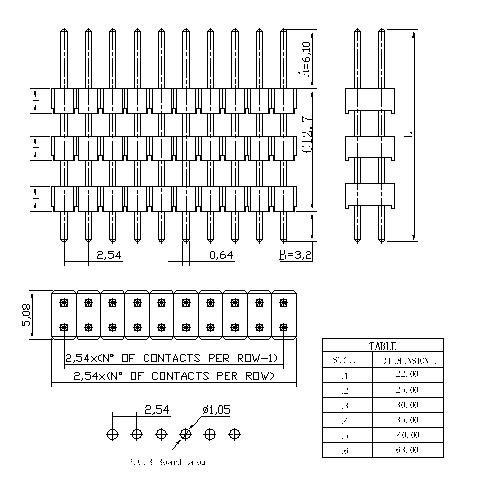 2.54 mm pin header dual row straight triple insulator PHES12-XXD