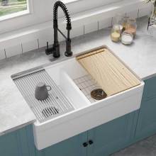 Wholesale White Fireclay Kitchen Sinks with Rectangular Double Bowl and Front Apron Installation