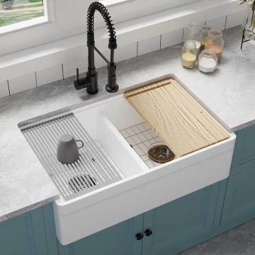 Wholesale White Fireclay Kitchen Sinks with Rectangular Double Bowl and Front Apron Installation