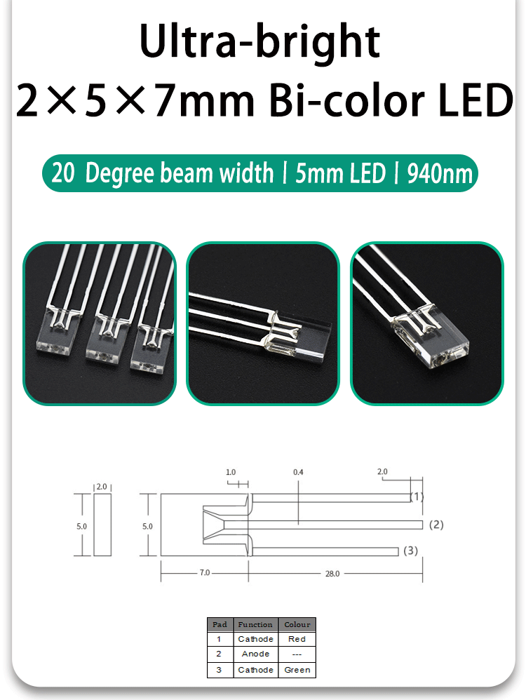 Red and Green Bi-color LED Common Anode Dual Color LED with Rectangle Clear Lens 2