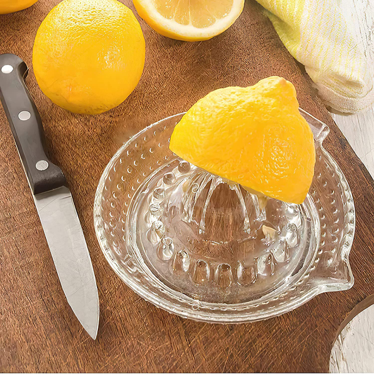 Citrus Orange Lemon Squeezer, manual manual juicer, with glass and handle, pour spout, heavyweight glass to prevent breaking