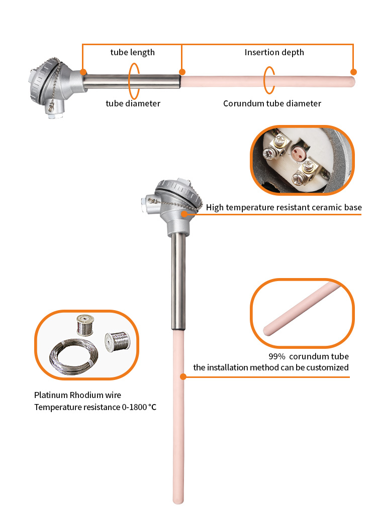 1800 degree industrial high temperature sensor corundum platinum rhodium thermocouple r