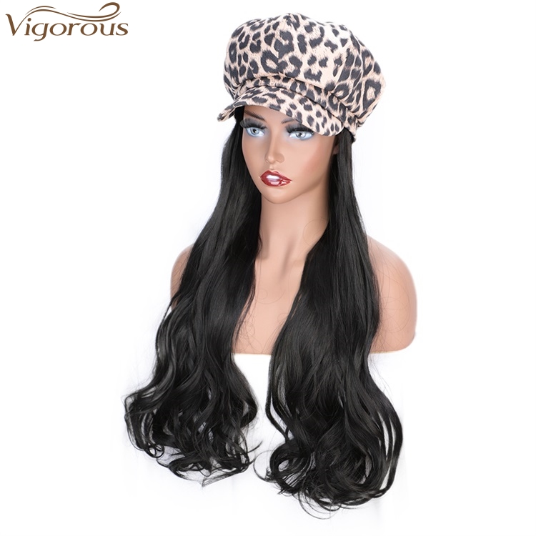 Vigorous Black Synthetic Fiber Wig With White Leopard Hat For Women Long Wavy Heat Resistant Glueless Hair Wigs