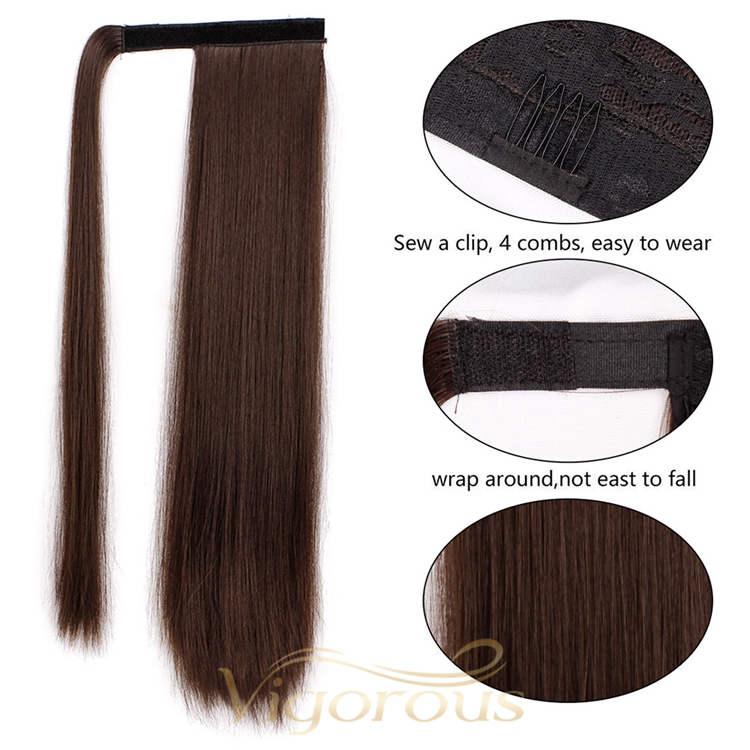 Natural Wholesale Fiber Glueless Long Straight Synthetic Ponytail Clip In Hand Tied Weft Hair Extension