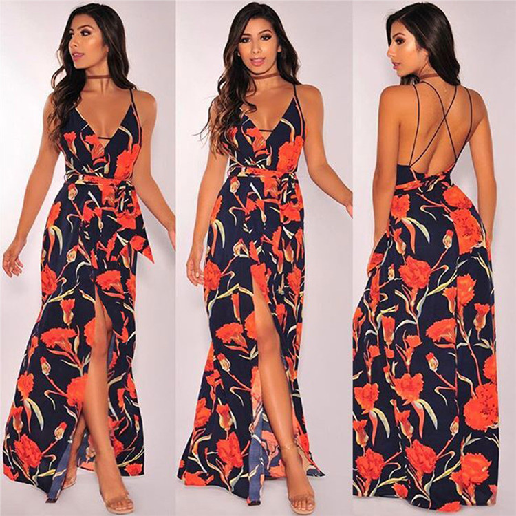 C3788 High Split Women's Dresses Floral Summer Women Long Casual