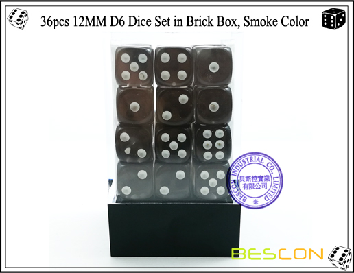 36pcs 12MM D6 Dice Set in Brick Box, Smoke Color-2