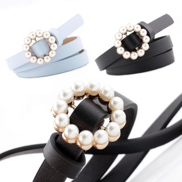 Fashion Pearl Decorative Belt Ladies Belt Round Pin Buckle Pearl Belts Women's Casual Solid PU Leather Thin Belt