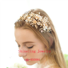 Luxury Handmade Crystal Pearls Gold Flower and Leaf Wedding Tiara Headpiece