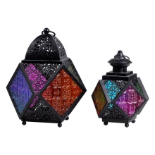 Moroccan Vintage Metal Candle Lantern - Colored Glass for Garden Decor