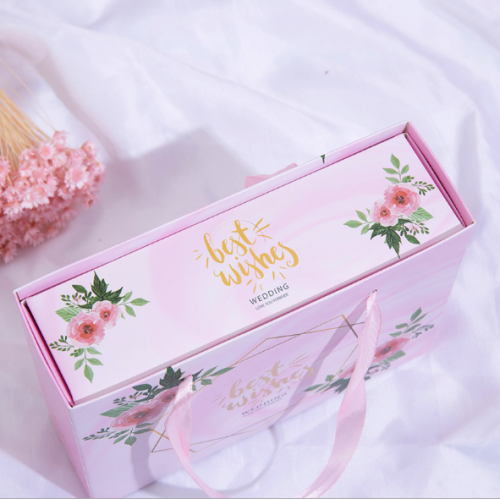 Boîte cadeau de tiroir pliable rose avec poignée de ruban