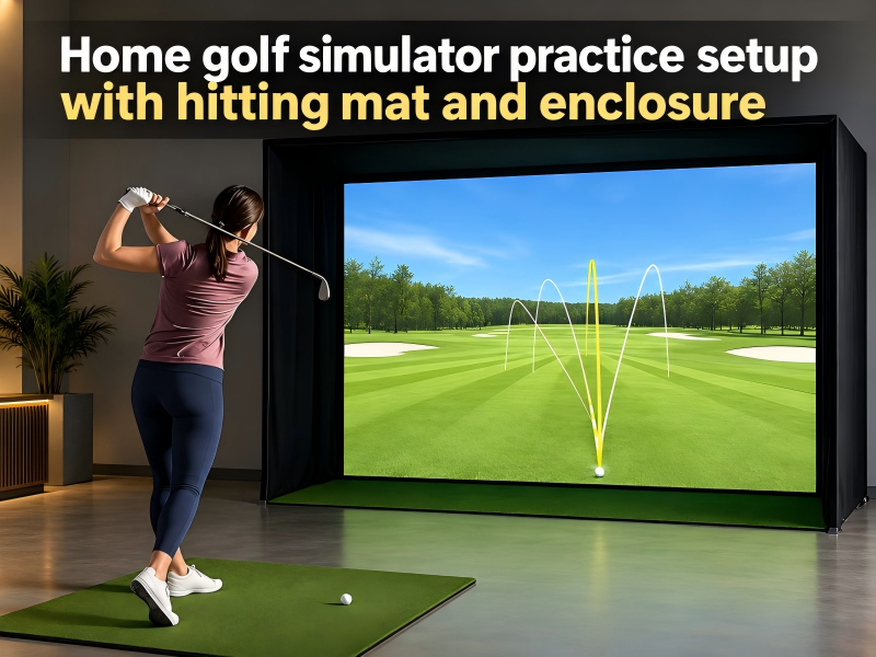 Configuración de práctica de simulador de golf en casa con tapete de golpe y recinto