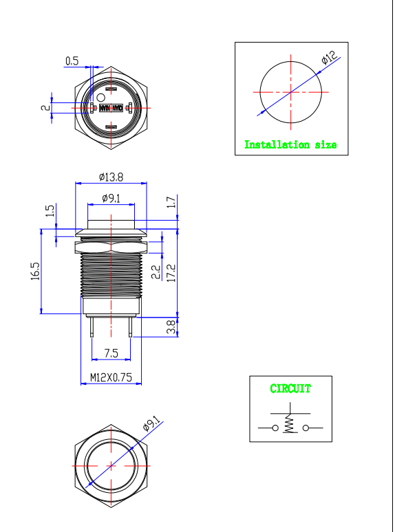 IP65 12mm Metal Pushbutton Switch