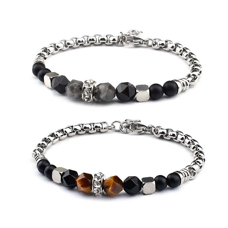 Fashion Charm de 8 mm Pulseras de piedra de piedra de acero inoxidable Cadena de brazaletes Gemone Gemstone Joyería macho de yoga