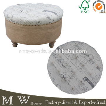 french antique fabric round ottoman, button tufted footstool ottoman with nails, fabric round ottoman